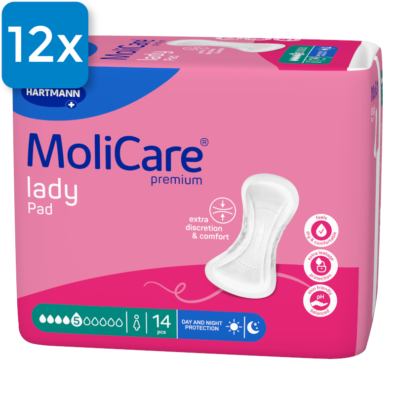 Die Vorderseite einer Packung Molicare Premium Lady Pad 5 Tropfen. Oben links ist ein blaues Viereck mit der Aufschrift "12x", welche aussagt, dass zwölf Packungen in einem Karton enthalten sind.